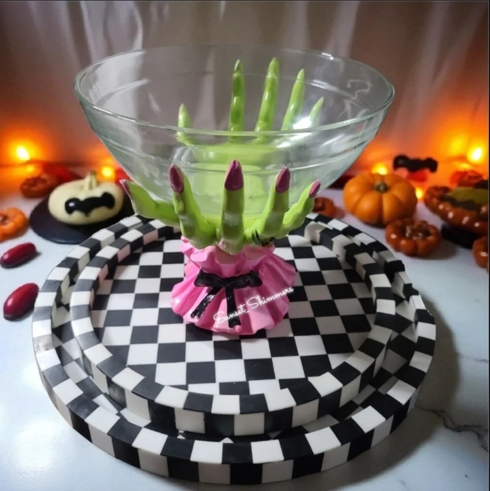 Glam Witch Hands Coquette Bow Halloween Candy Serving Bowl PINK GREEN NEW